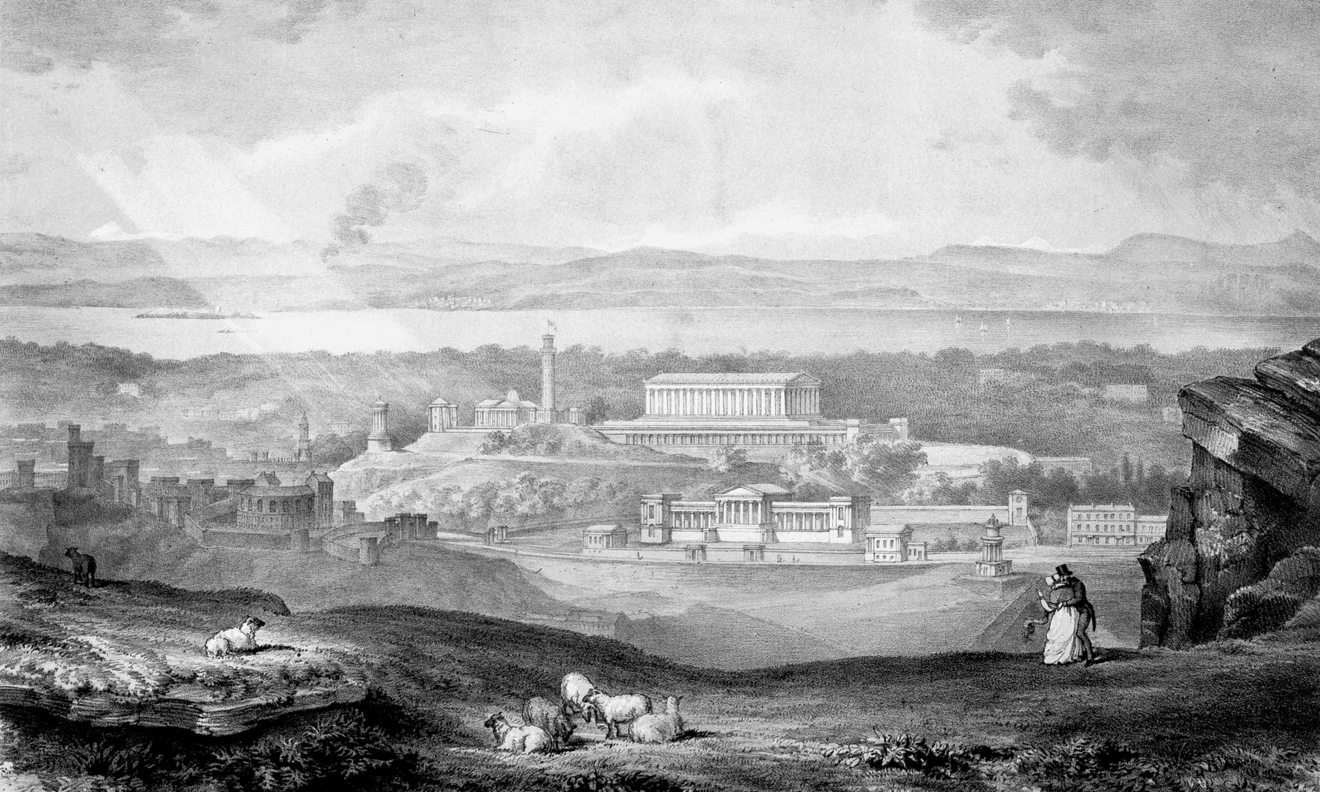 George Meikle Kemp, Speculative view showing the National Monument of Scotland (unbuilt) and Royal High School. Image: Historic Environment Scotland.