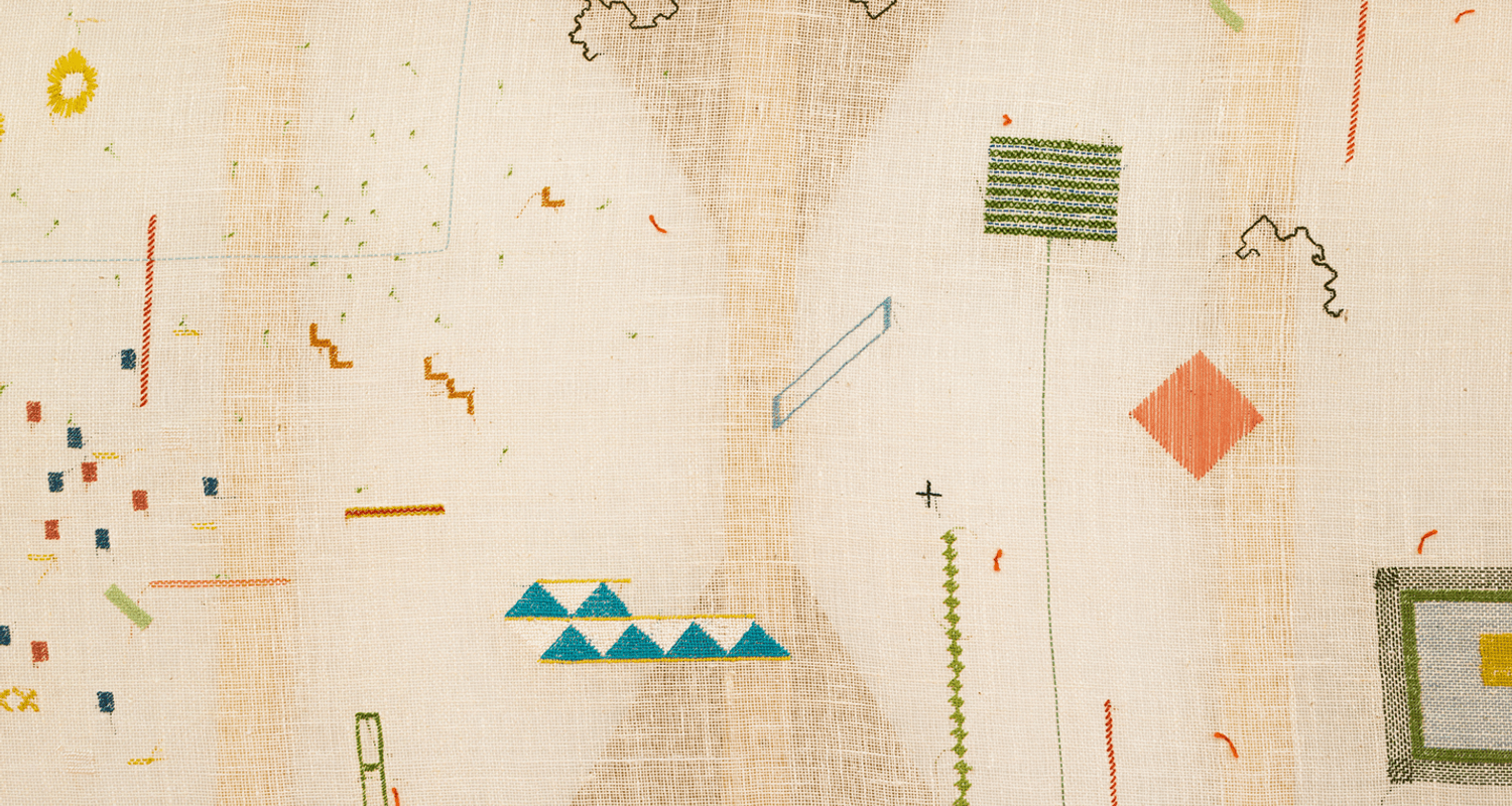 Katie Schwab, 'Sampler' (detail), hessian, Grandma's wool, cotton thread, pine, sapele, 2016. Photo by Tom Nolan.